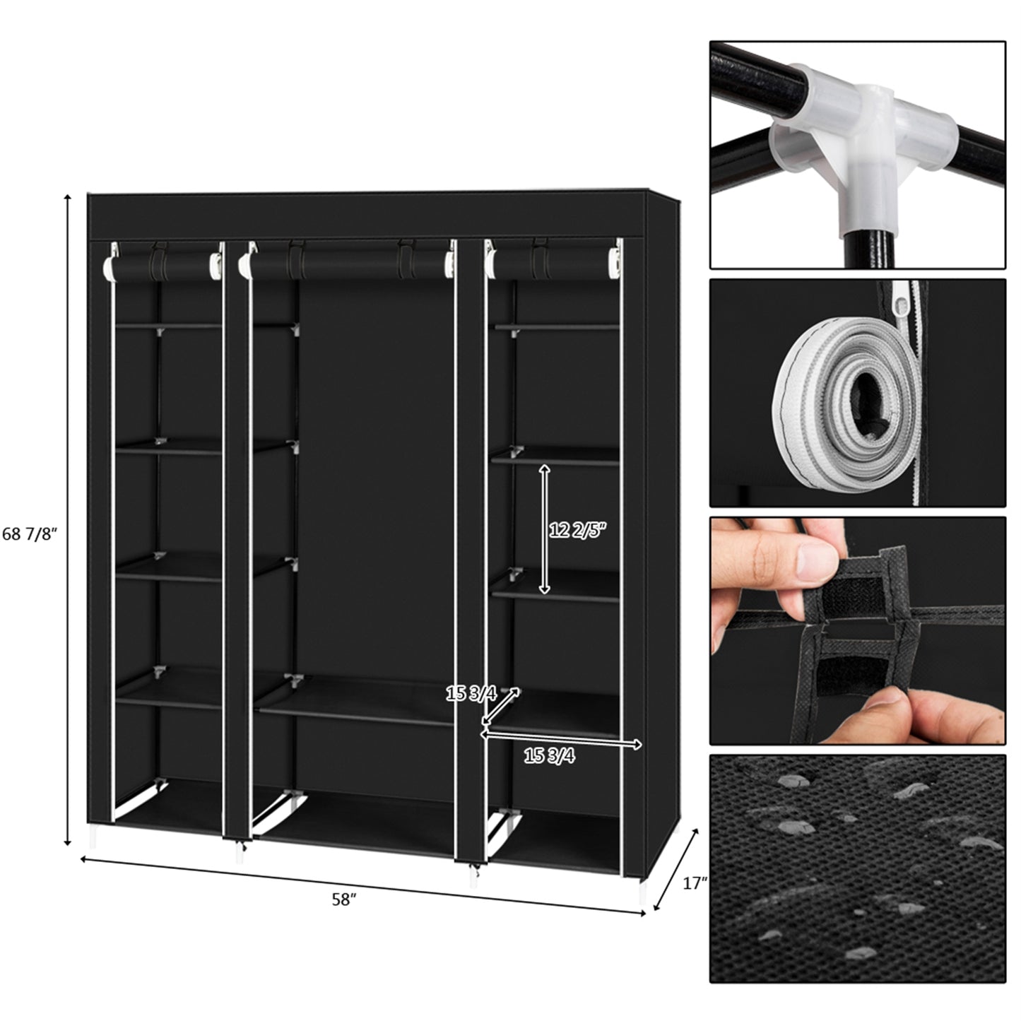 69” Portable Fabric Wardrobe for Small Bedrooms – Closet Organizer Black