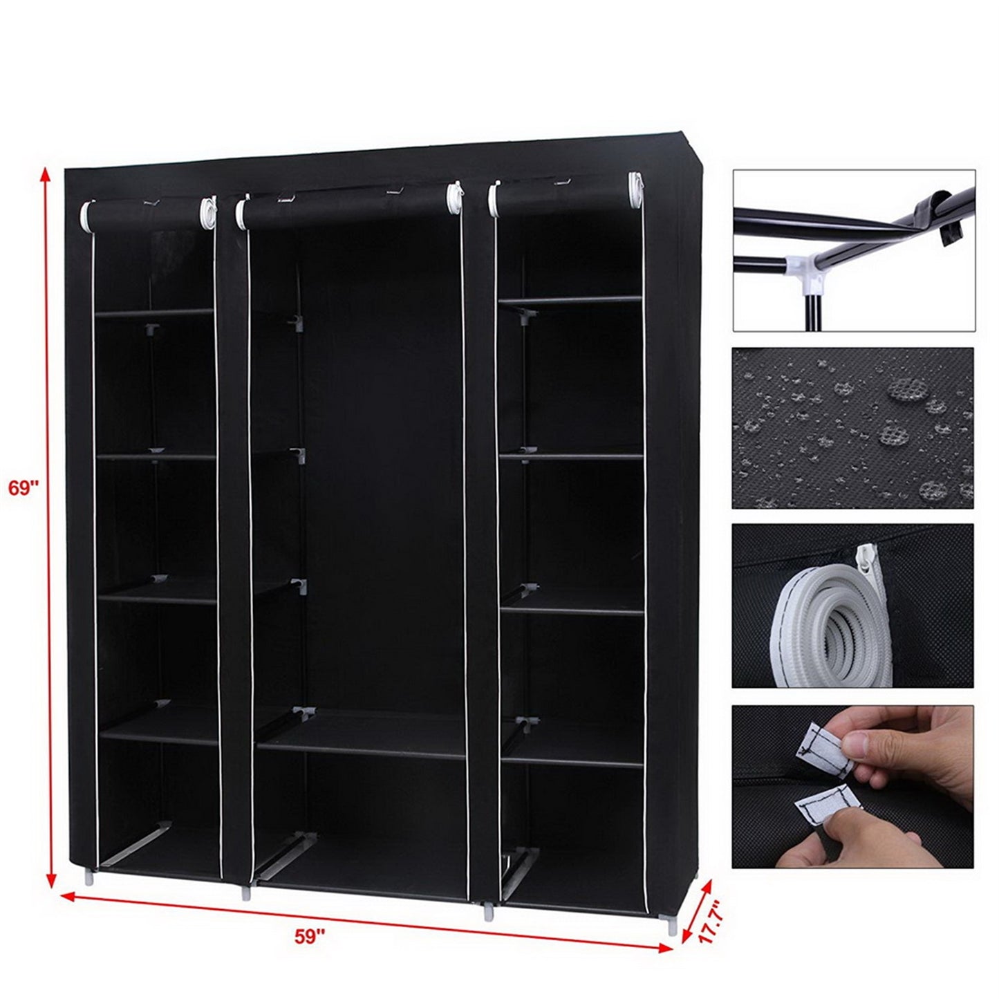 69” Portable Fabric Wardrobe for Small Bedrooms – Closet Organizer Black