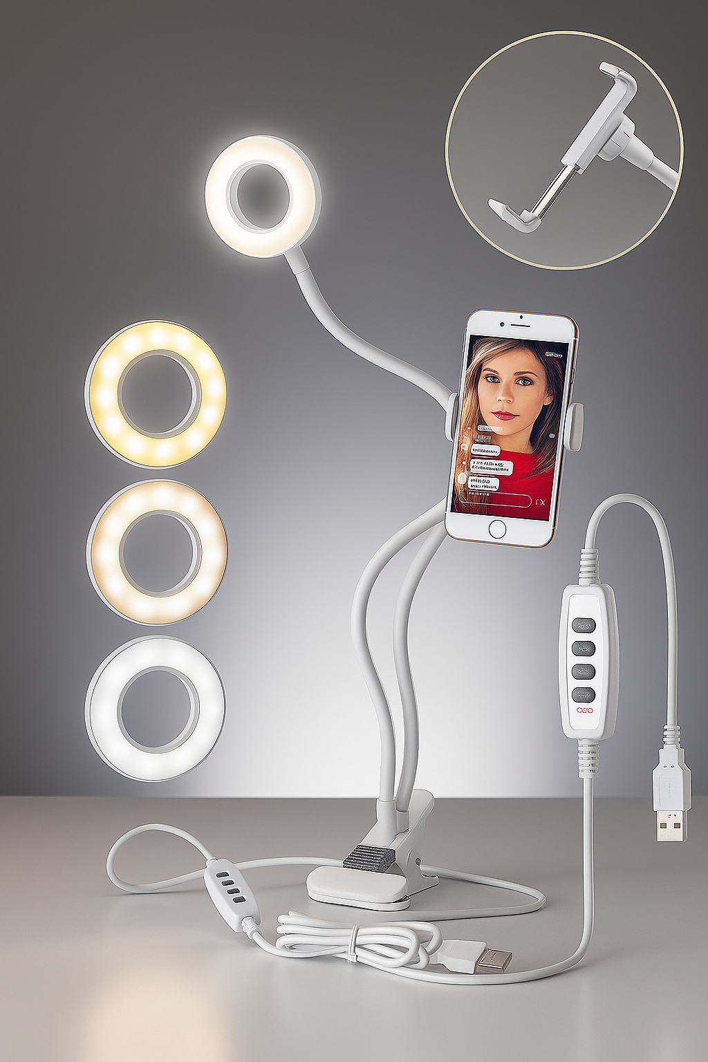 Selfie LED Ring Light with Phone Holder Stand Clip – USB Rechargeable Light for Live Stream, Makeup, Video Recording & Desk Use