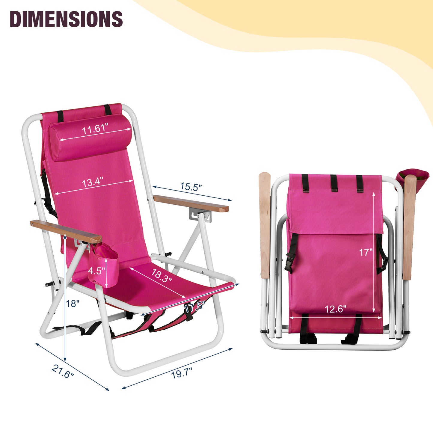 4-Position Folding Beach Chair with Backpack Straps – Pink, Cup Holder