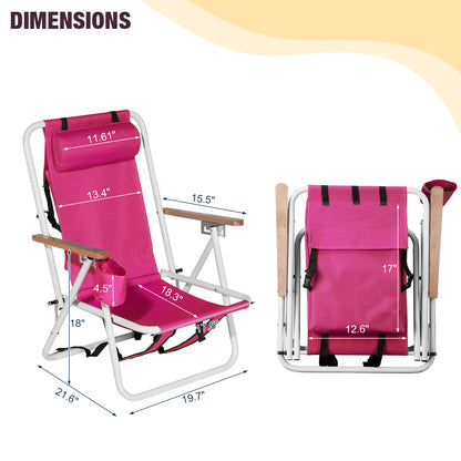 4-Position Folding Beach Chair with Backpack Straps – Pink, Cup Holder