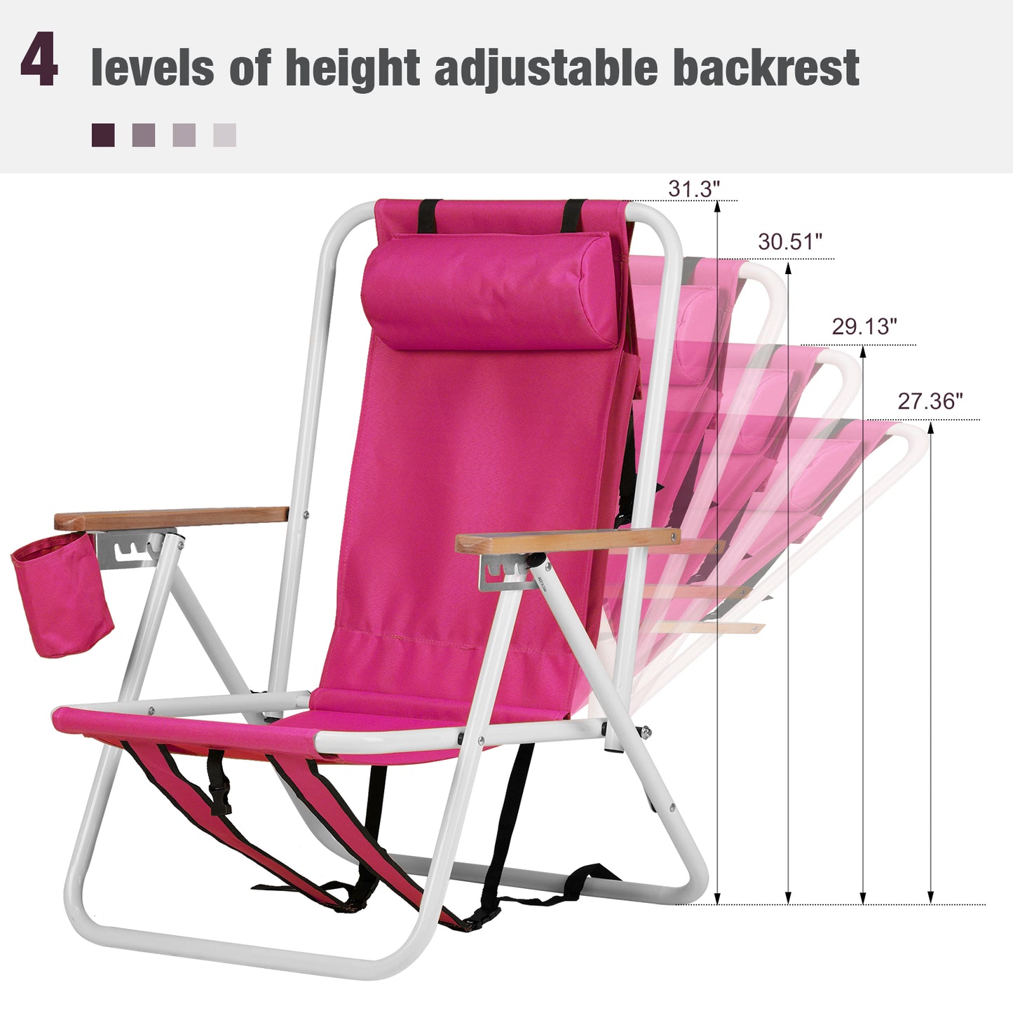 4-Position Folding Beach Chair with Backpack Straps – Pink, Cup Holder