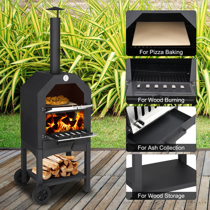 Outdoor Wood Fired Pizza Oven with Stone, Grill Rack & Peel – Portable