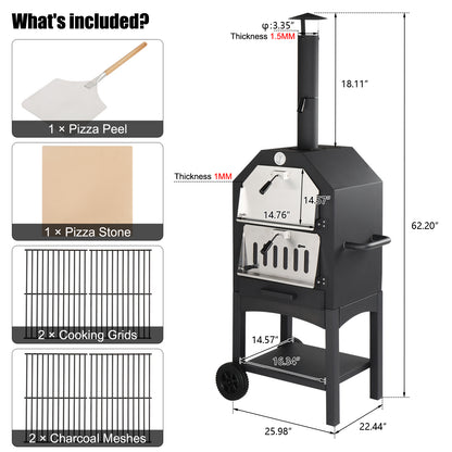 Outdoor Wood Fired Pizza Oven with Stone, Grill Rack & Peel – Portable