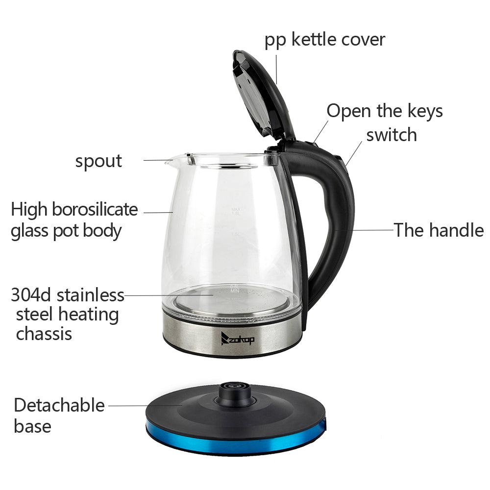 1.8L Electric Glass Kettle 2000W LED Light Fast Boil – UK Plug