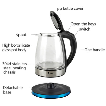 1.8L Electric Glass Kettle 2000W LED Light Fast Boil – UK Plug
