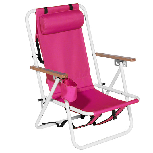 4-Position Folding Beach Chair with Backpack Straps – Pink, Cup Holder