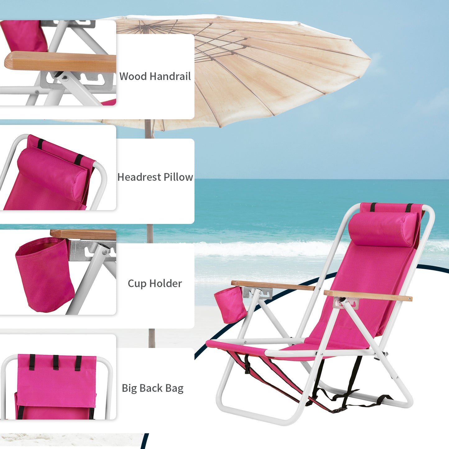 4-Position Folding Beach Chair with Backpack Straps – Pink, Cup Holder