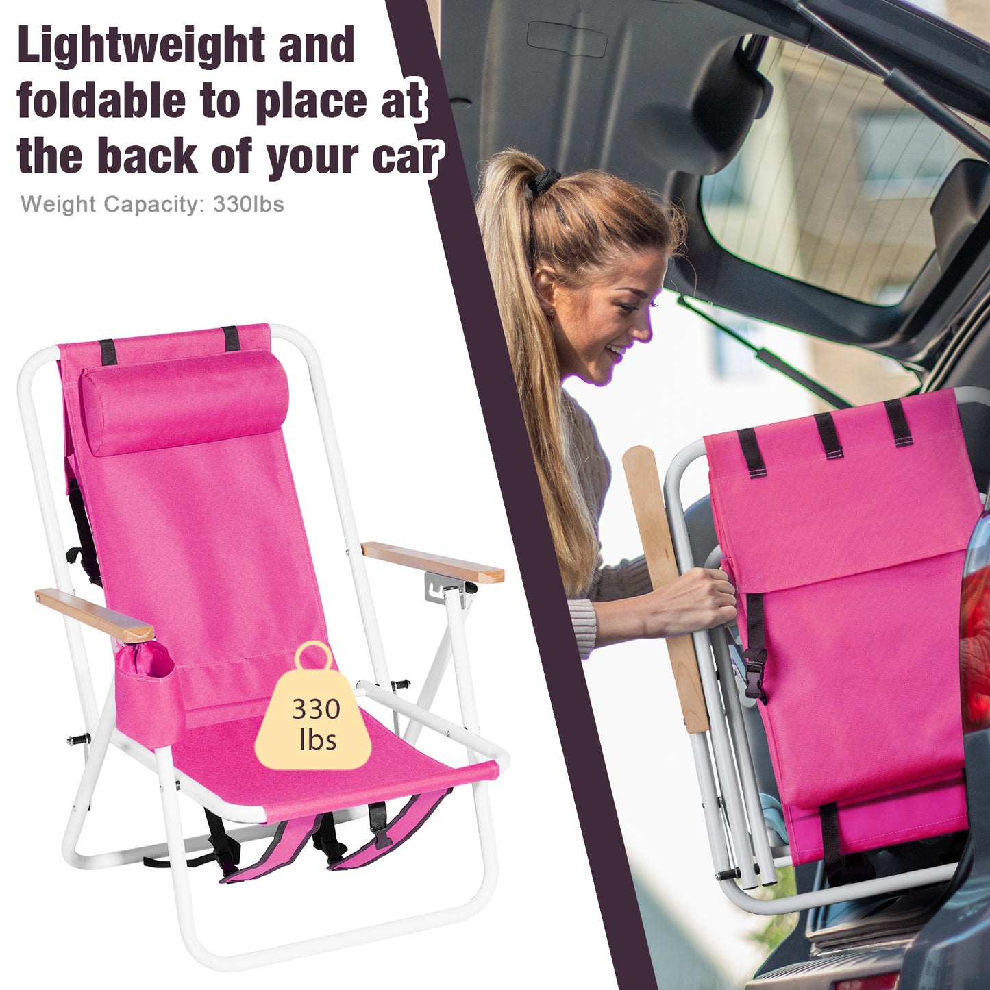 4-Position Folding Beach Chair with Backpack Straps – Pink, Cup Holder