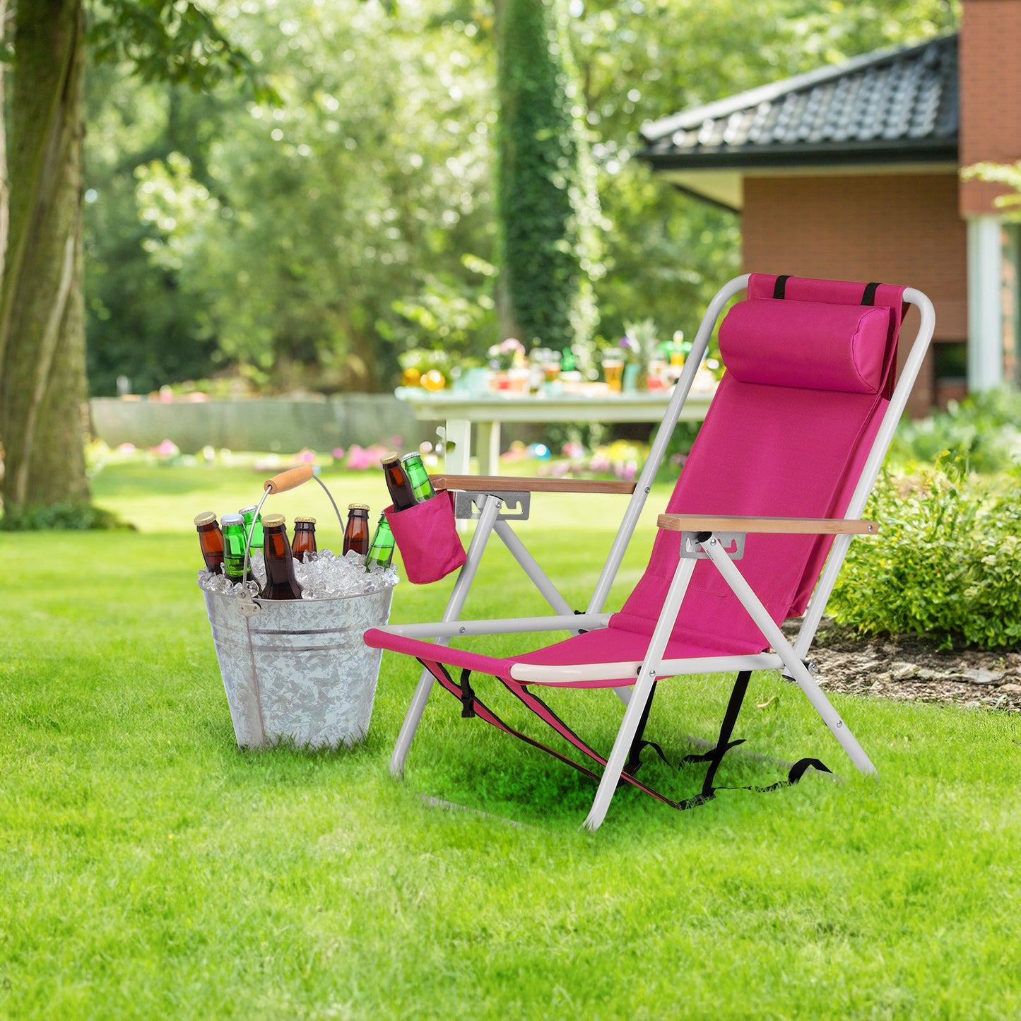 4-Position Folding Beach Chair with Backpack Straps – Pink, Cup Holder