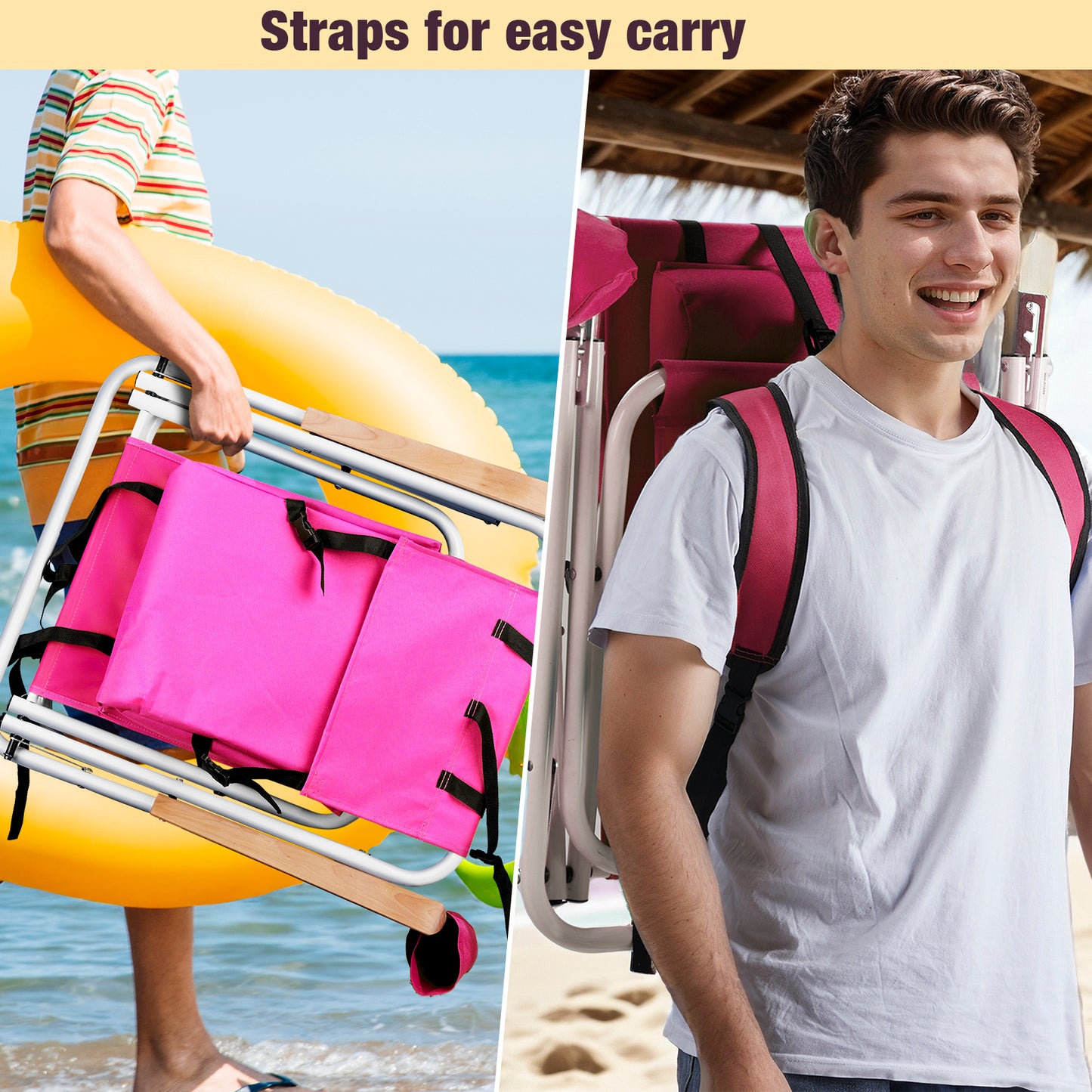 4-Position Folding Beach Chair with Backpack Straps – Pink, Cup Holder